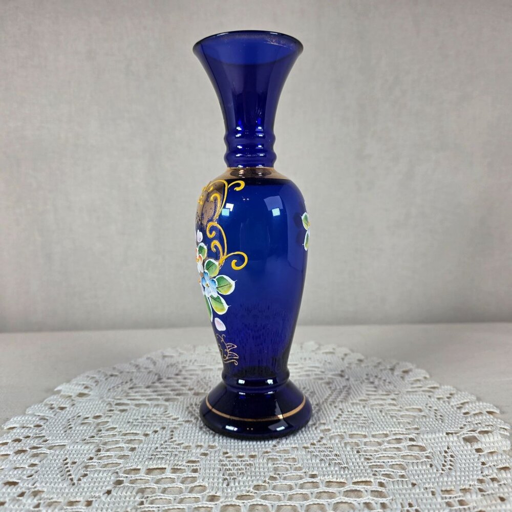 Bohemian Czech Cobalt Blue Vase 24k Gold Gilt & Hand Enameled Floral Design - Picture 5 of 6